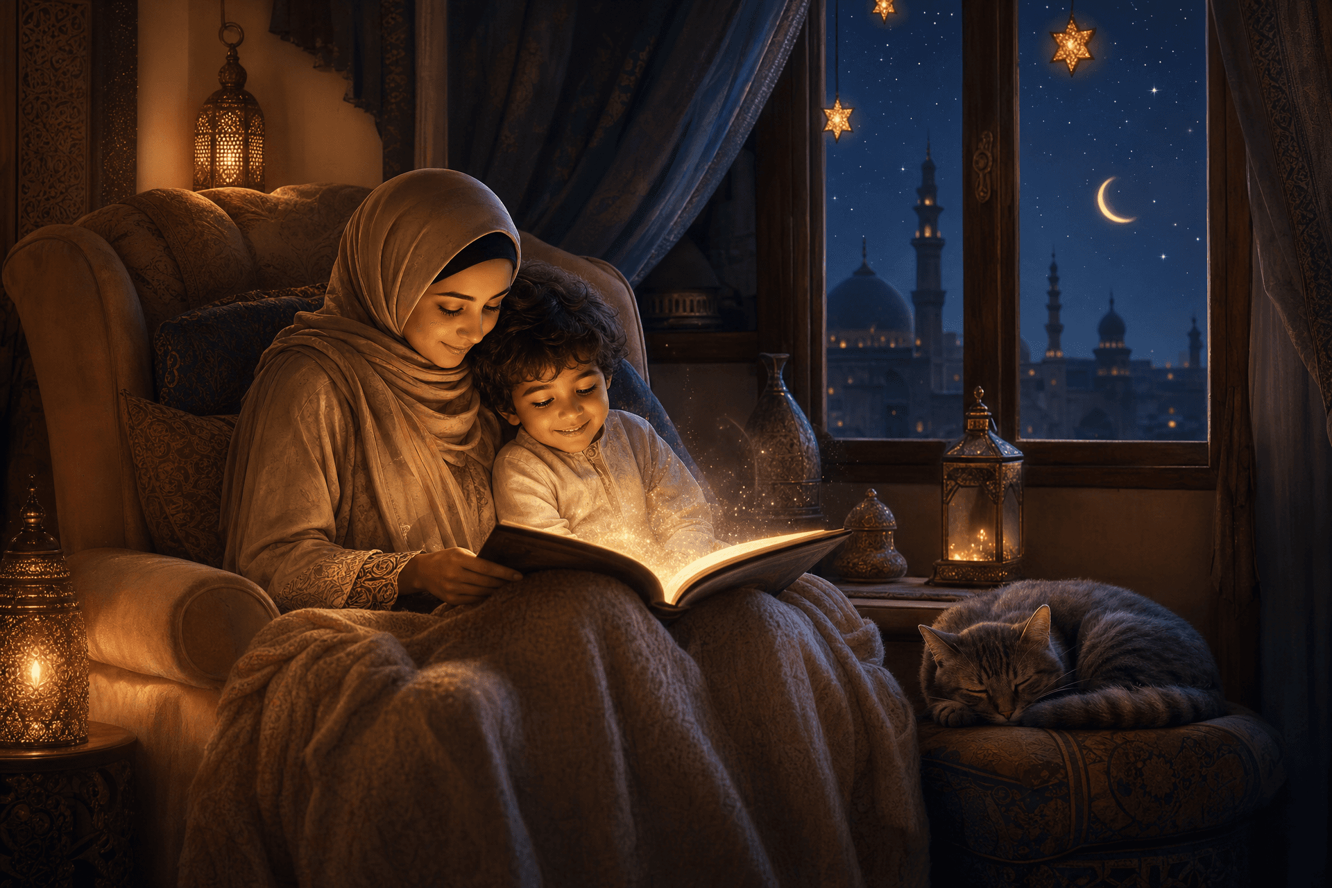 والدٌ وطفلُه يقرآن قصةً متوهّجة في لحظةٍ دافئة