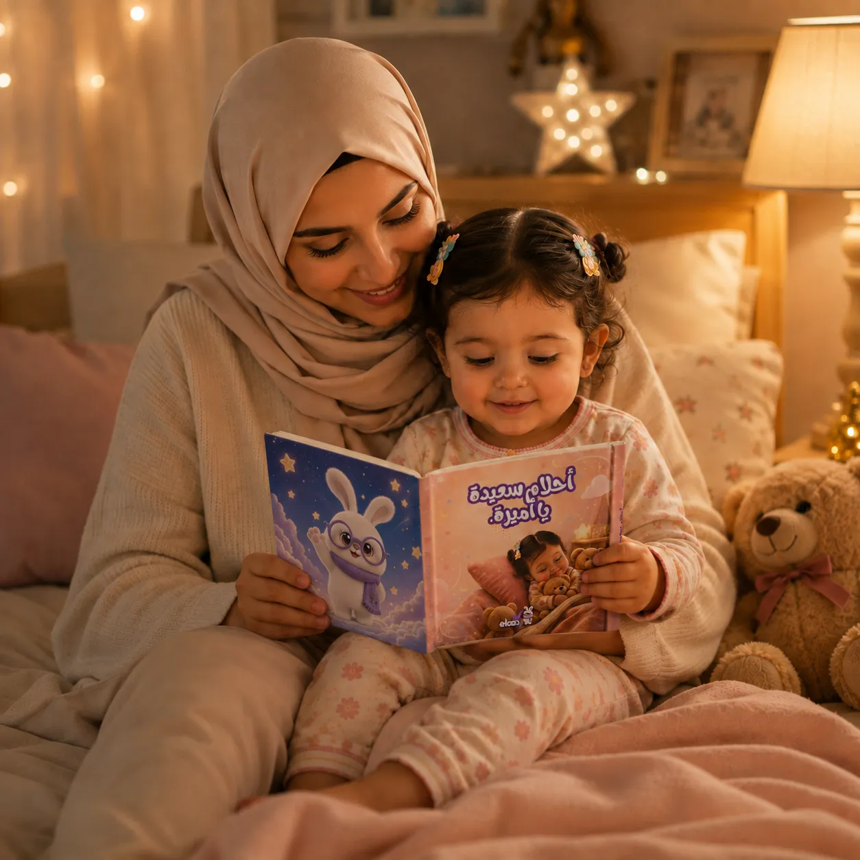 أمّ تقرأ لطفلتها قبل النوم
